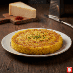 Un autentico riso al salto milanese con crosta dorata, impiattato su un piatto bianco, guarnito con erba cipollina fresca.