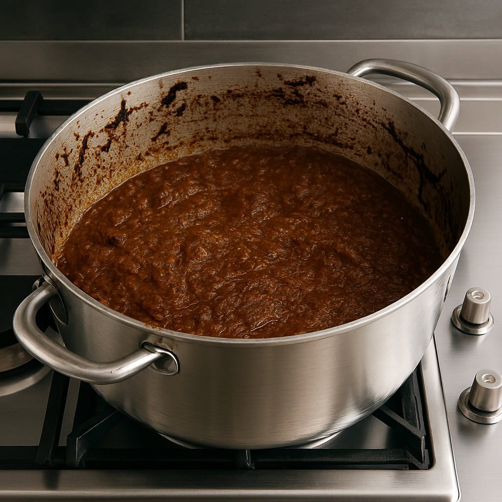 Pentola d'acciaio rotonda su fornello professionale con sugo alla genovese in cottura.