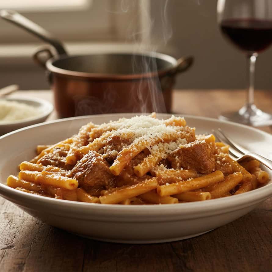 Piatto fumante di ziti alla genovese napoletana con pezzetti di carne brasata nella cipolla e formaggio grattugiato, servito su tavolo rustico con vino rosso