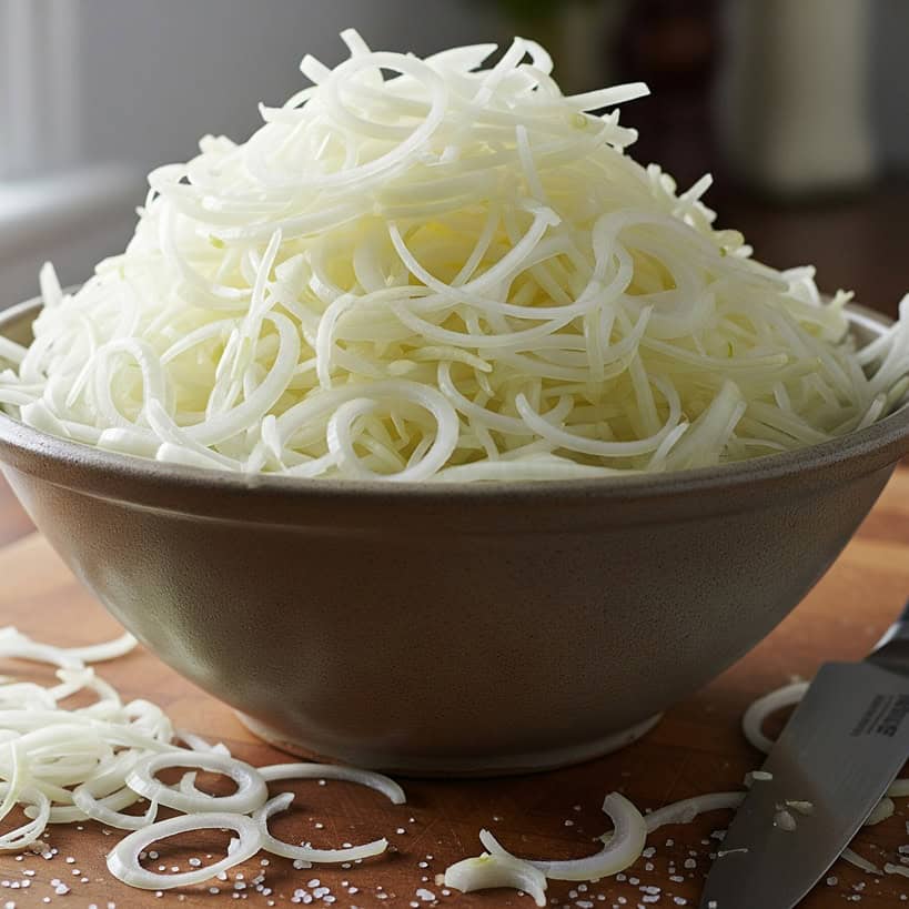 Ciotola di cipolle ramate affettate finemente, pronte per la preparazione della Genovese napoletana, con coltello e sale su un tagliere di legno.