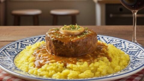 Ossobuco alla milanese servito su risotto allo zafferano, guarnito con gremolada di limone e prezzemolo.