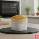 Elegante Soufflé di patate in monoporzione, appena sfornato, perfettamente dorato e cresciuto stabilmente oltre il bordo del ramekin.