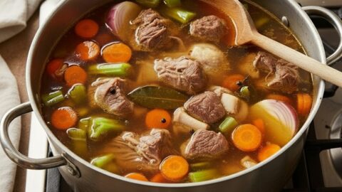 Pentola di brodo di carne fumante con pezzi di manzo, carote, sedano, cipolla rossa e spezie, cotto su un fornello a gas. Si intravede una bottiglia di vino rosso e una ciotola di tortellini sullo sfondo.
