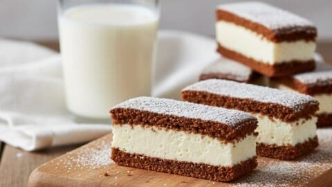 Kinder Fetta al Latte fatta in casa, ricetta originale perfetta, taglio che mostra gli strati di pan di Spagna al cacao e crema al latte stabile.