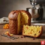 Panettone fatto in casa con cupola alta, crosta scarpata (taglio a croce) e alveolatura ampia, preparato con lievito madre naturale, in pirottino alto da 1 kg.