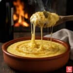 Primo piano di Polenta Concia cremosa, con Fontina D.O.P. fusa, irrorata con burro fuso e pepe nero, servita in una ciotola rustica.