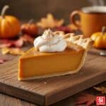 Fetta di Pumpkin Pie originale americana con panna montata, su tagliere di legno, con decorazioni autunnali.