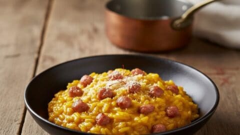 Risotto alla Monzese cremoso all'onda con Luganega di Monza, zafferano e Grana Padano, in ciotola di ceramica scura.