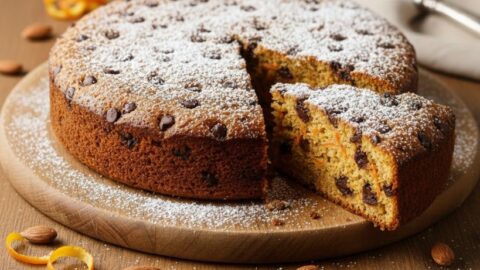 Torta di Carote e Cioccolato Fondente con gocce di cioccolato visibili, spolverata di zucchero a velo su tagliere di legno. L'interno ambrato mostra carote grattugiate e mollica umida.