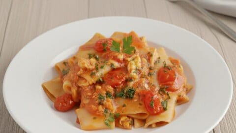 Primo piano di un piatto di paccheri al coccio (gallinella di mare) con sugo di pomodorini del Piennolo, prezzemolo tritato finemente e ciuffo decorativo, impiattato in stile gourmet.