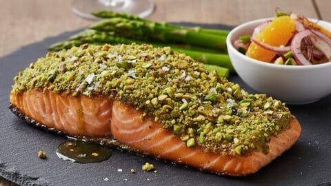 Filetto di salmone in crosta di pistacchi servito su piatto di ardesia con asparagi grigliati e insalata di arance e cipolla rossa.