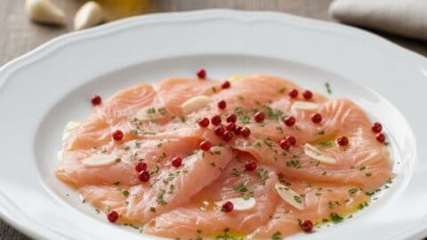 Piatto di salmone marinato all'aceto con bacche di pepe rosa, aglio e prezzemolo tritato su un tavolo in legno.