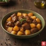 Spezzatino con patate in umido servito in una ciotola rustica con rosmarino