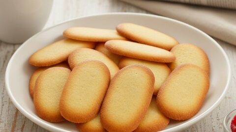 Piatto pieno di biscotti lingue di gatto dorati e croccanti su un tavolo da colazione.