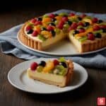 Crostata di frutta con fetta in primo piano davanti alla torta intera, con frolla croccante, crema pasticcera e frutta fresca lucida