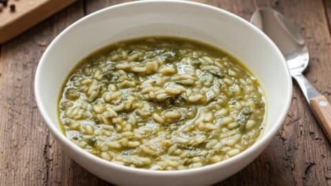 Riso e verza cremoso in piatto fondo con Parmigiano Reggiano e foglie di verza fresca sullo sfondo, vista a 45 gradi