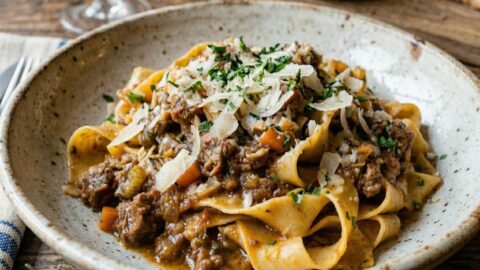 Pappardelle al ragù di agnello servite in una ciotola, con salsa vellutata, carote e sedano, guarnite con pecorino e prezzemolo.