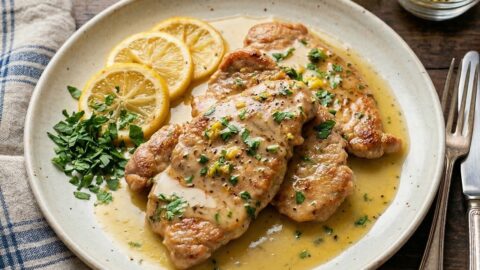 Scaloppine al limone morbide con salsa cremosa e fettine di limone