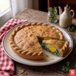 Torta Pasqualina genovese originale con fetta estratta che mostra il ripieno di bietole, ricotta e uovo intero, sfoglie sottili di pasta matta e crosta dorata