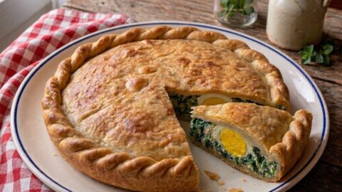 Torta Pasqualina genovese originale con fetta estratta che mostra il ripieno di bietole, ricotta e uovo intero, sfoglie sottili di pasta matta e crosta dorata