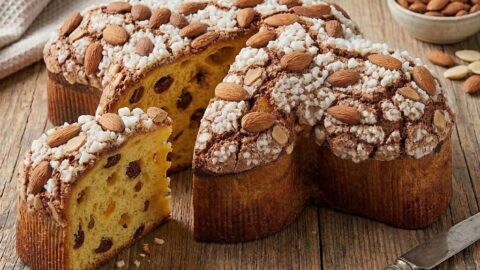 Colomba pasquale fatta in casa intera con una fetta tagliata, decorata con glassa alle mandorle e granella di zucchero su tavola in legno.