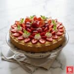 Crostata di fragole con crema pasticcera su alzata, dolce fresco con frolla friabile e fragole lucide
