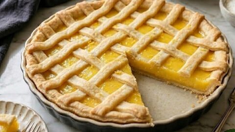 Crostata al limone con frolla dorata e fetta mancante che mostra la crema interna