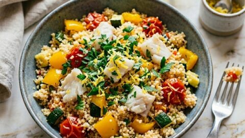 Cous cous di pesce e verdure con merluzzo, zucchine, peperoni e pomodorini