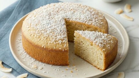 Torta al cocco morbida e umida intera con fetta leggermente estratta.