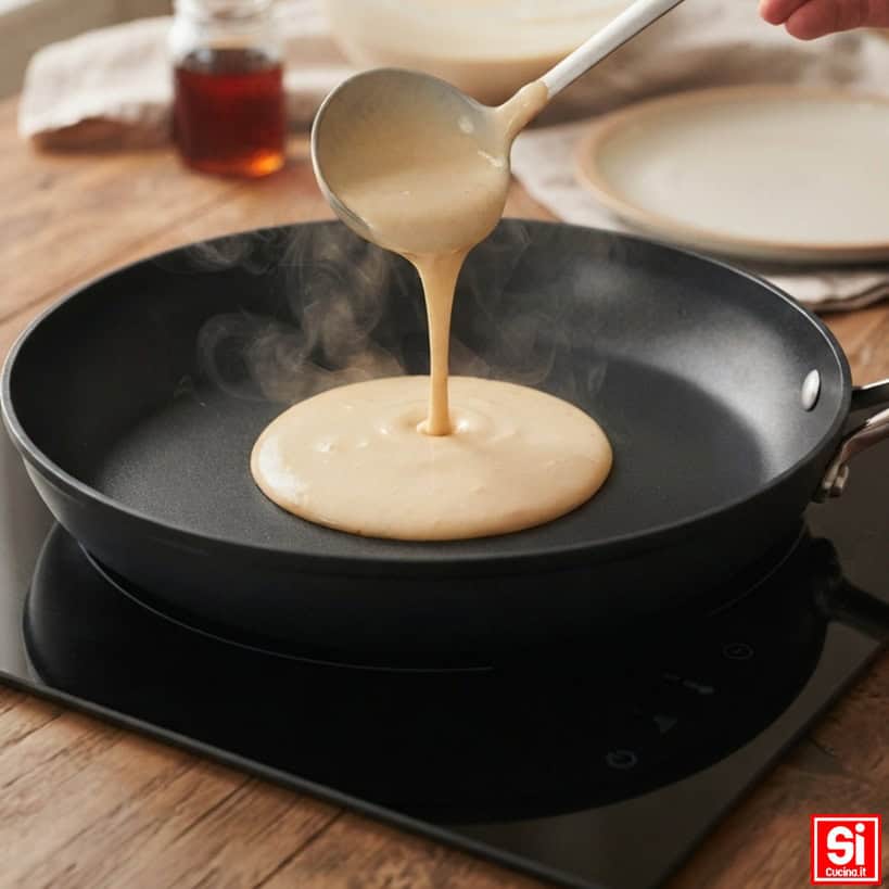 Pastella dei pancake americani, densa ma colabile, versata da un mestolo al centro di una padella pulita e ben calda.