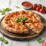 Pizza senza impasto Margherita con fetta sollevata che mostra mollica ariosa e basilico fresco