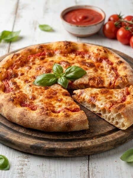 Pizza senza impasto Margherita con fetta sollevata che mostra mollica ariosa e basilico fresco
