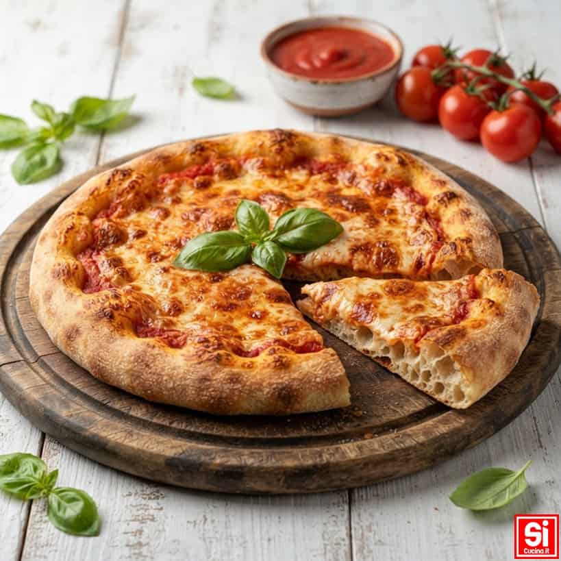 Pizza senza impasto Margherita con fetta sollevata che mostra mollica ariosa e basilico fresco