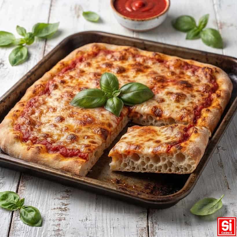 Pizza senza impasto in teglia con fetta sollevata che mostra mollica ariosa e cornicione alto e dorato