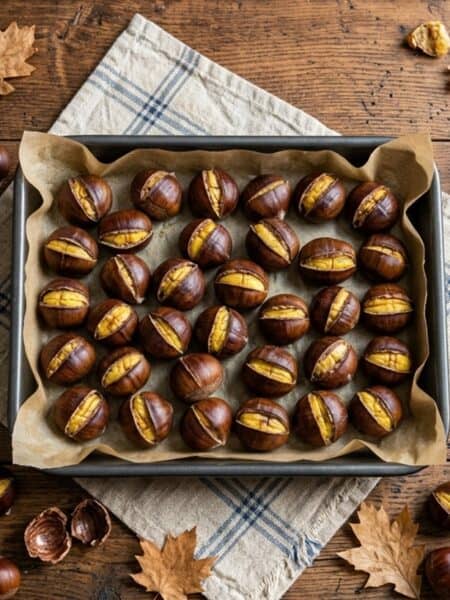 Castagne al forno appena cotte con la buccia aperta sul taglio, in teglia con carta forno.