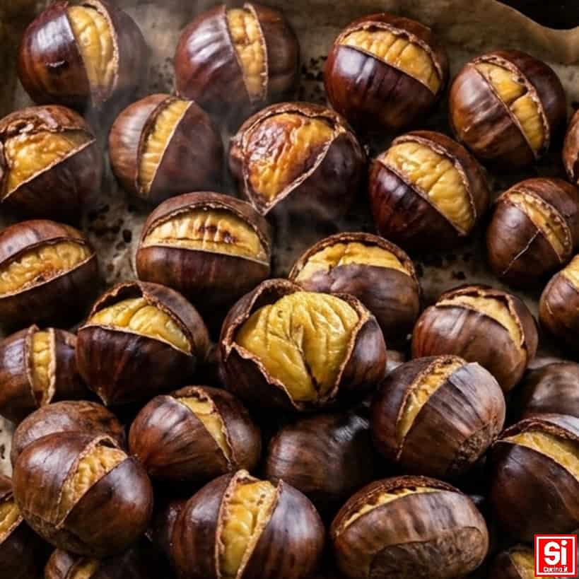 Primo piano di castagne al forno con la buccia aperta sul taglio e la polpa dorata in vista