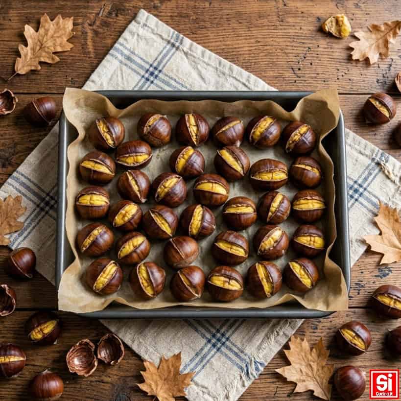 Castagne al forno appena cotte con la buccia aperta sul taglio, in teglia con carta forno.