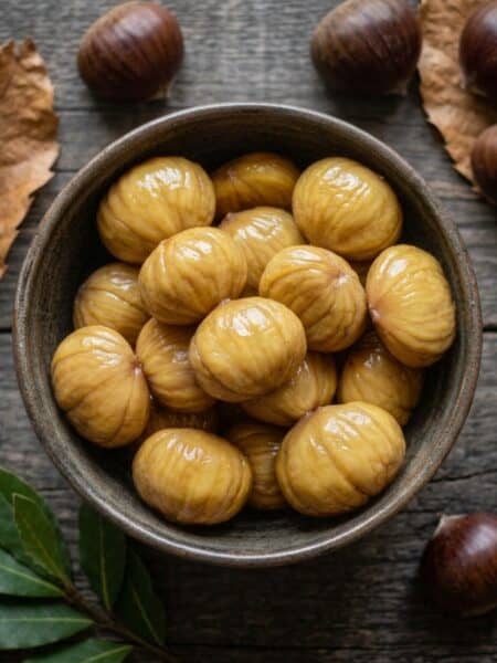 Castagne bollite sbucciate in una ciotola, viste dall’alto, con castagne intere e foglie di alloro