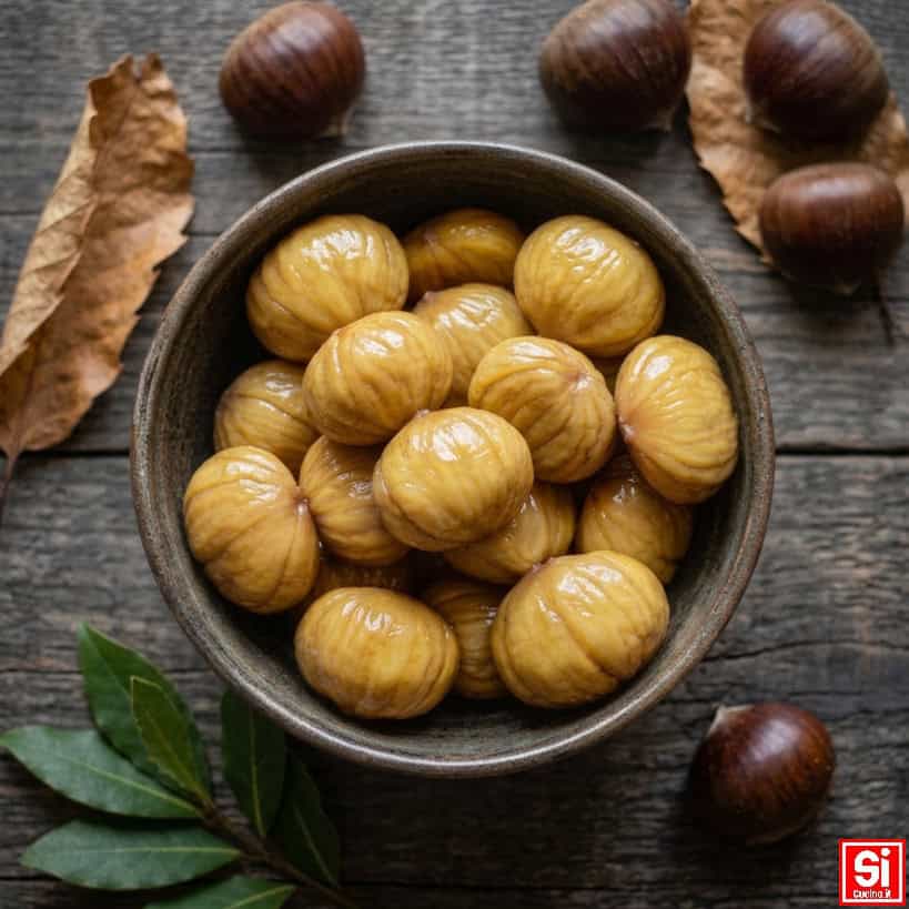 Castagne bollite sbucciate in una ciotola, viste dall’alto, con castagne intere e foglie di alloro