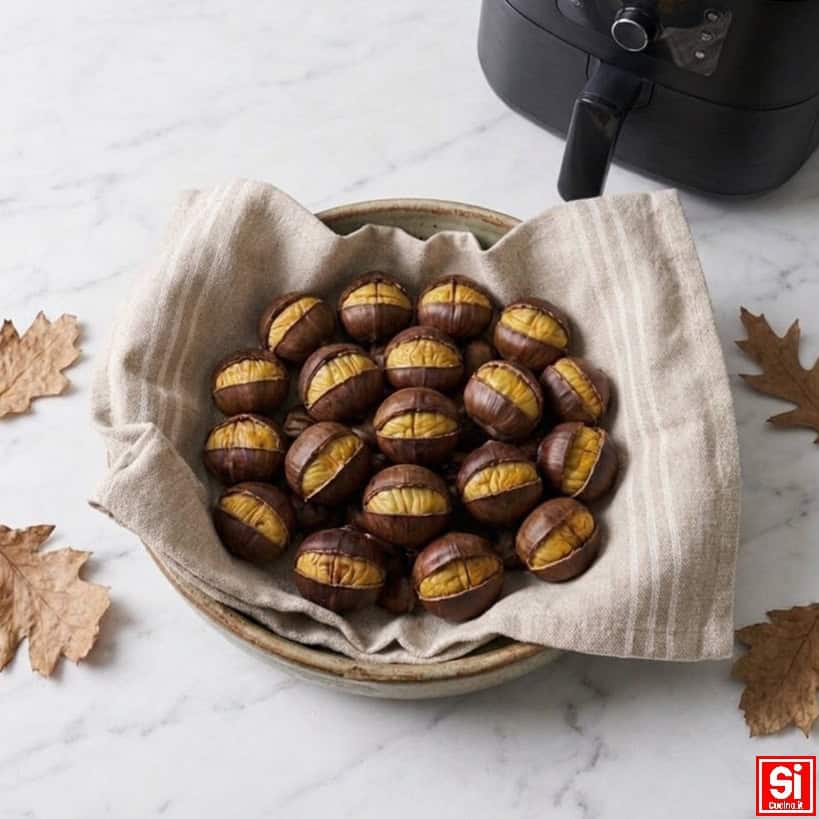 Ciotola con castagne cotte nella friggitrice ad aria disposte su un piano in marmo