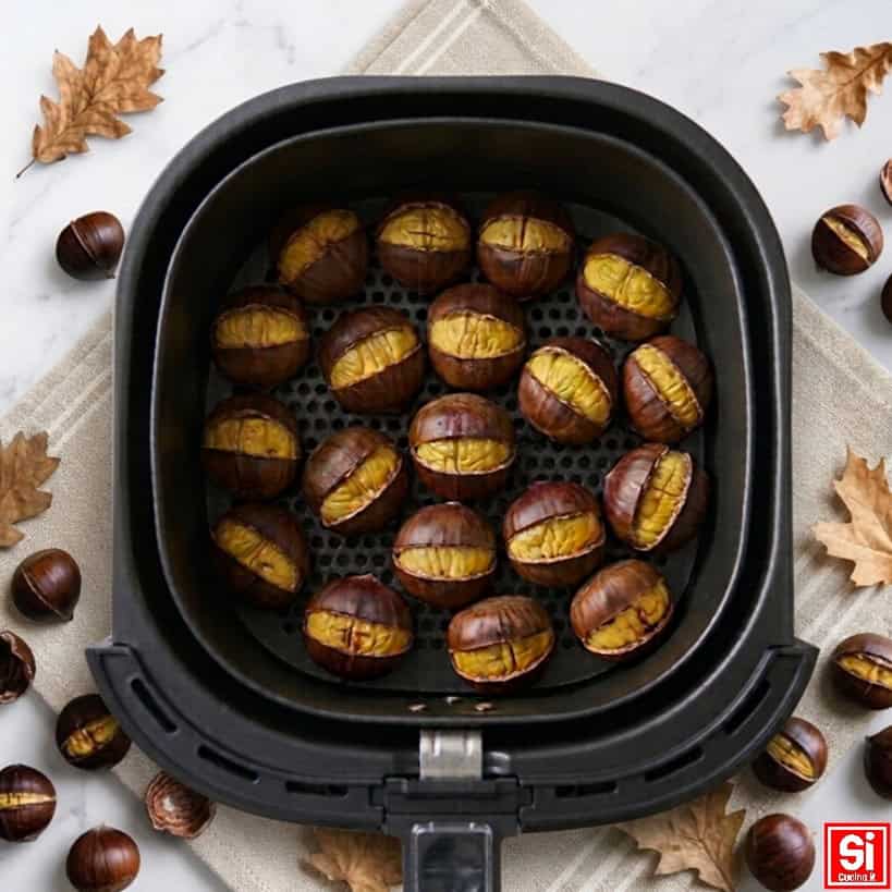 Castagne in friggitrice ad aria, arrostite con il guscio