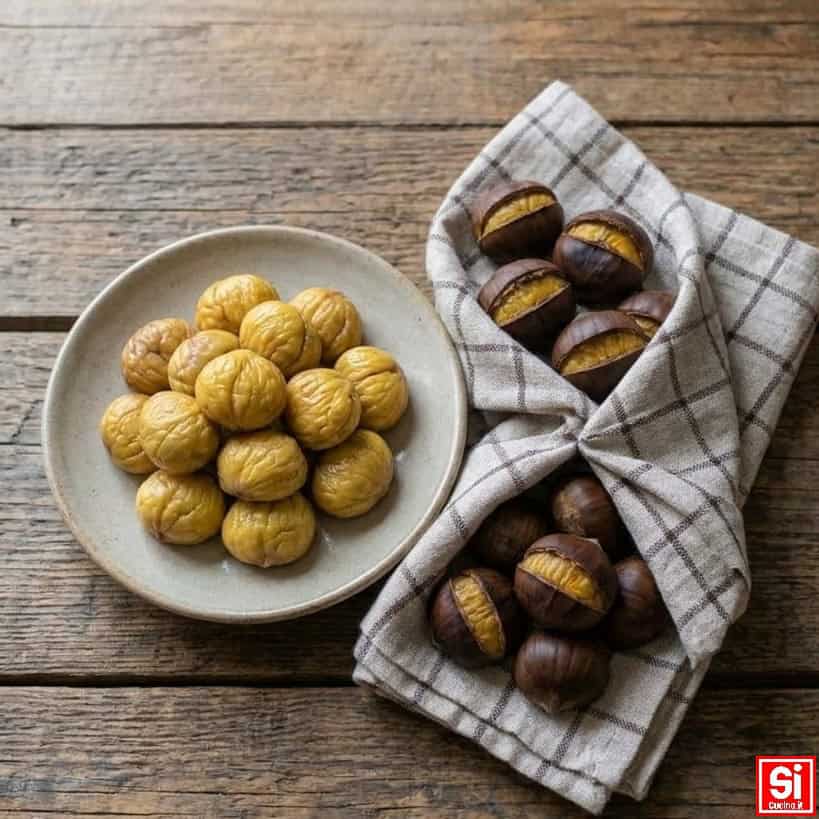 Castagne in padella già sbucciate accanto a castagne cotte con il guscio inciso