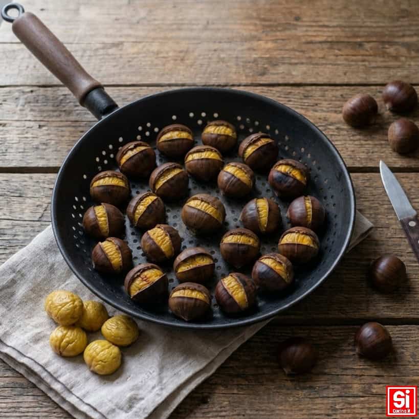 Castagne in padella con taglio sulla buccia, cotte in una padella forata e pronte da sbucciare