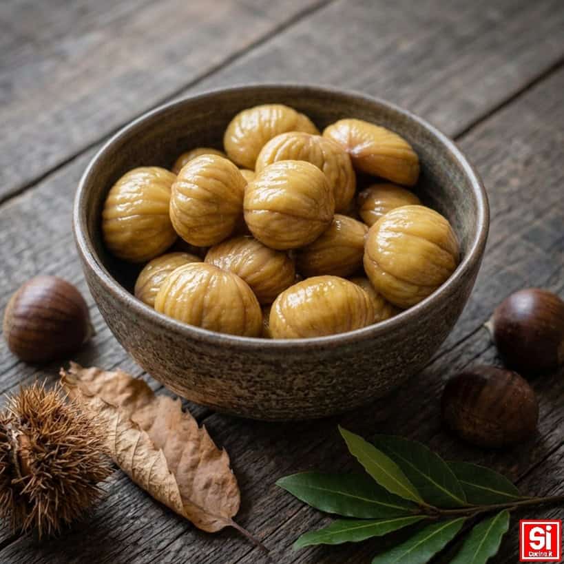 Ciotola di ceramica con castagne lesse sbucciate, un riccio, foglie secche e alloro su un tavolo di legno