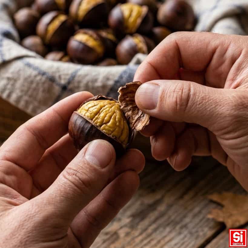 Mani che sbucciano una castagna al forno, staccando il guscio dal taglio, con altre castagne su un canovaccio sullo sfondo