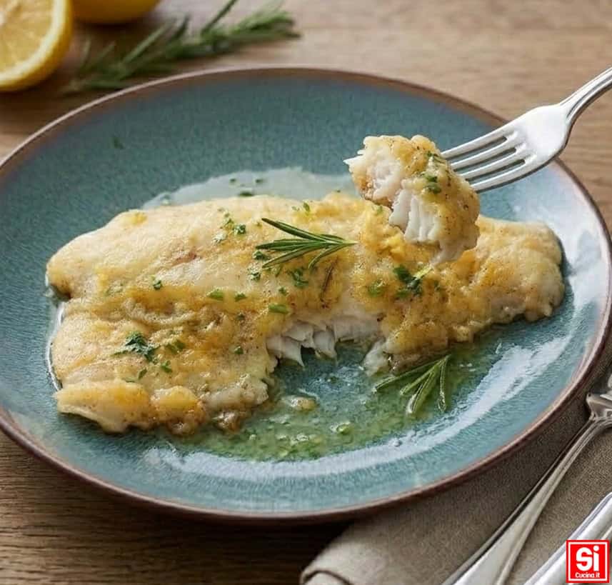 Dettaglio di una forchetta che preleva un morbido boccone da filetti di pangasio in padella al limone con fondo di cottura profumato