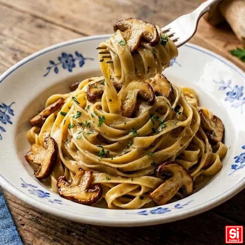 Forchetta che solleva tagliatelle ai funghi porcini freschi con condimento cremoso e porcini rosolati