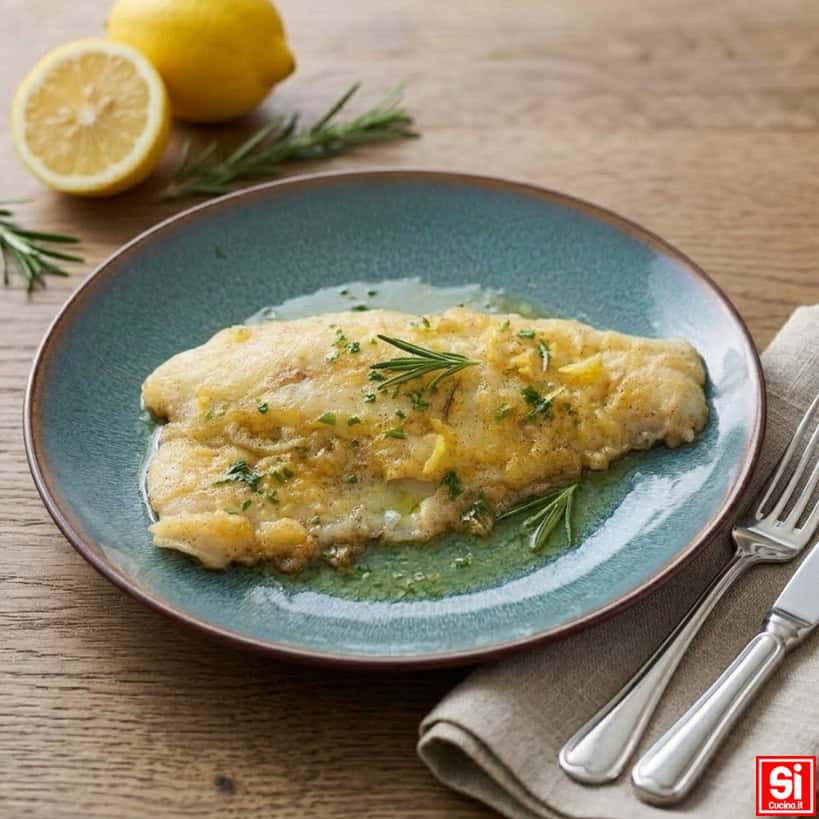 Filetti di pangasio in padella al limone serviti con scorza di limone, prezzemolo e rosmarino