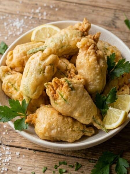 Fiori di zucca in pastella dorati e croccanti serviti in una ciotola di ceramica con spicchi di limone e prezzemolo fresco.