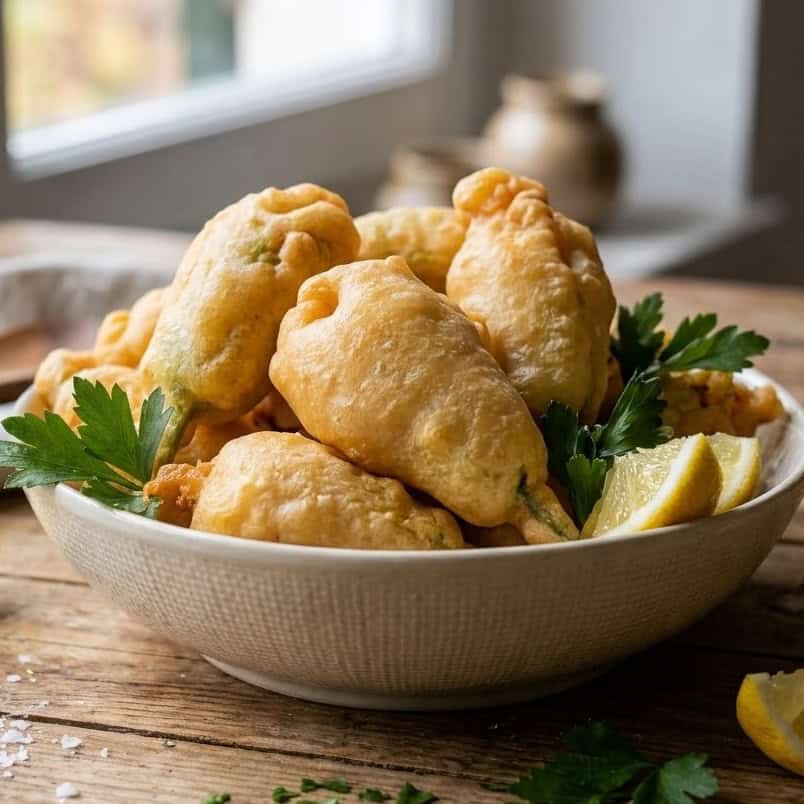 Ciotola di ceramica con fiori di zucca fritti in pastella dorata e croccante, guarniti con ciuffi di prezzemolo fresco e spicchi di limone su tavolo in legno.